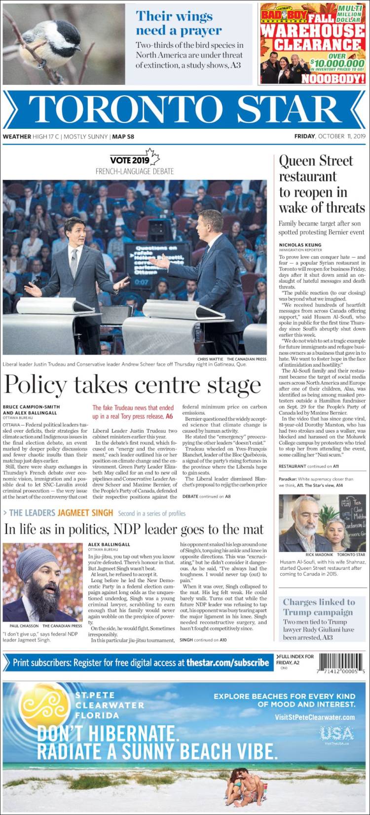 Portada de The Toronto Star (Canada)