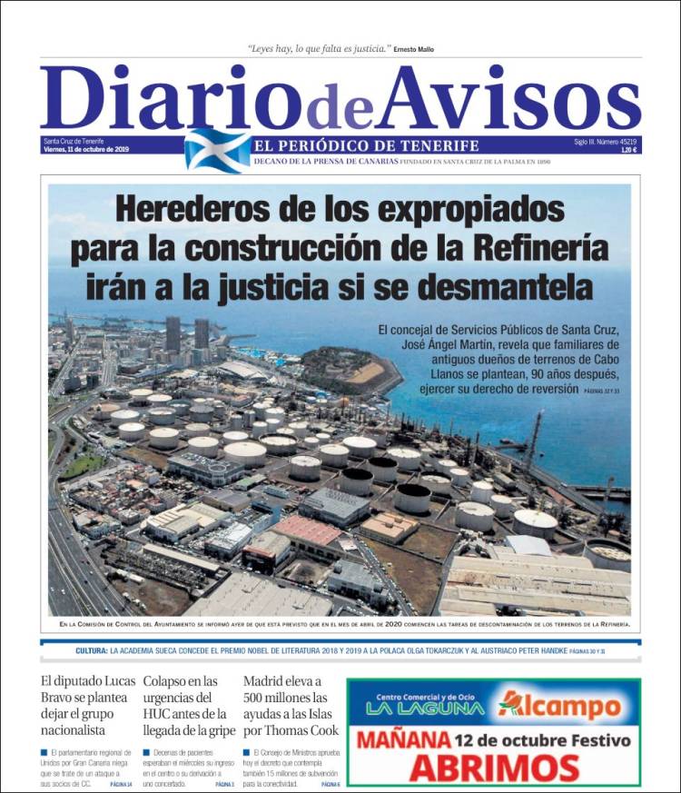 Portada de Diarios de Avisos (España)