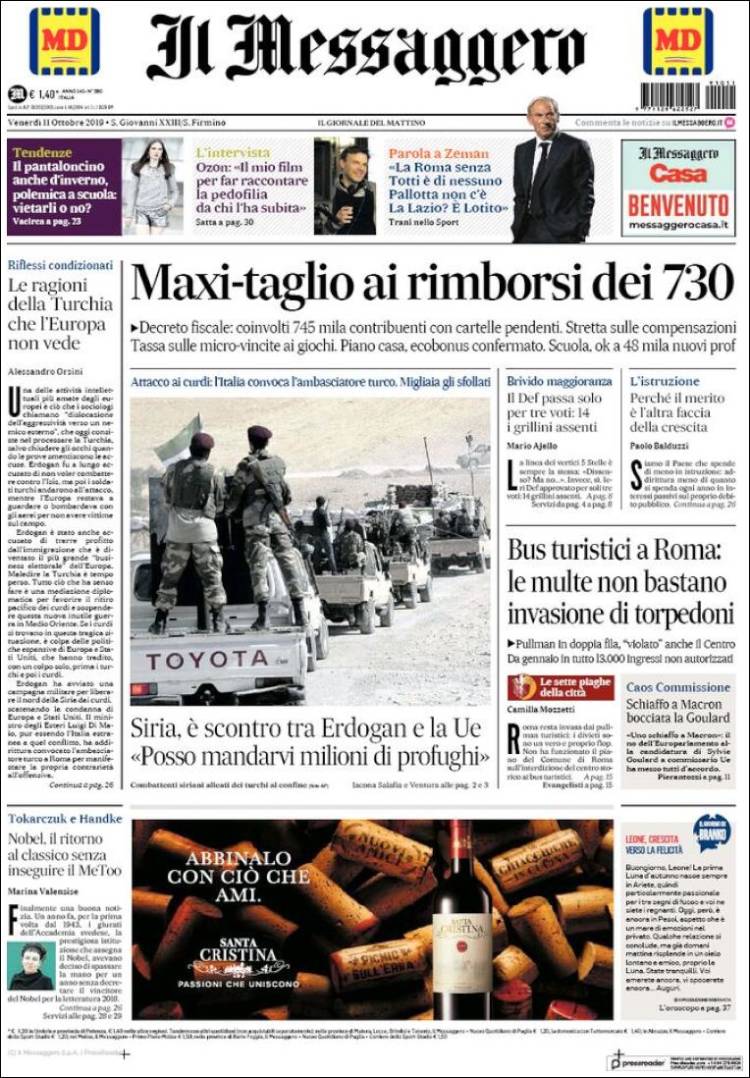 Portada de Il Messaggero (Italia)