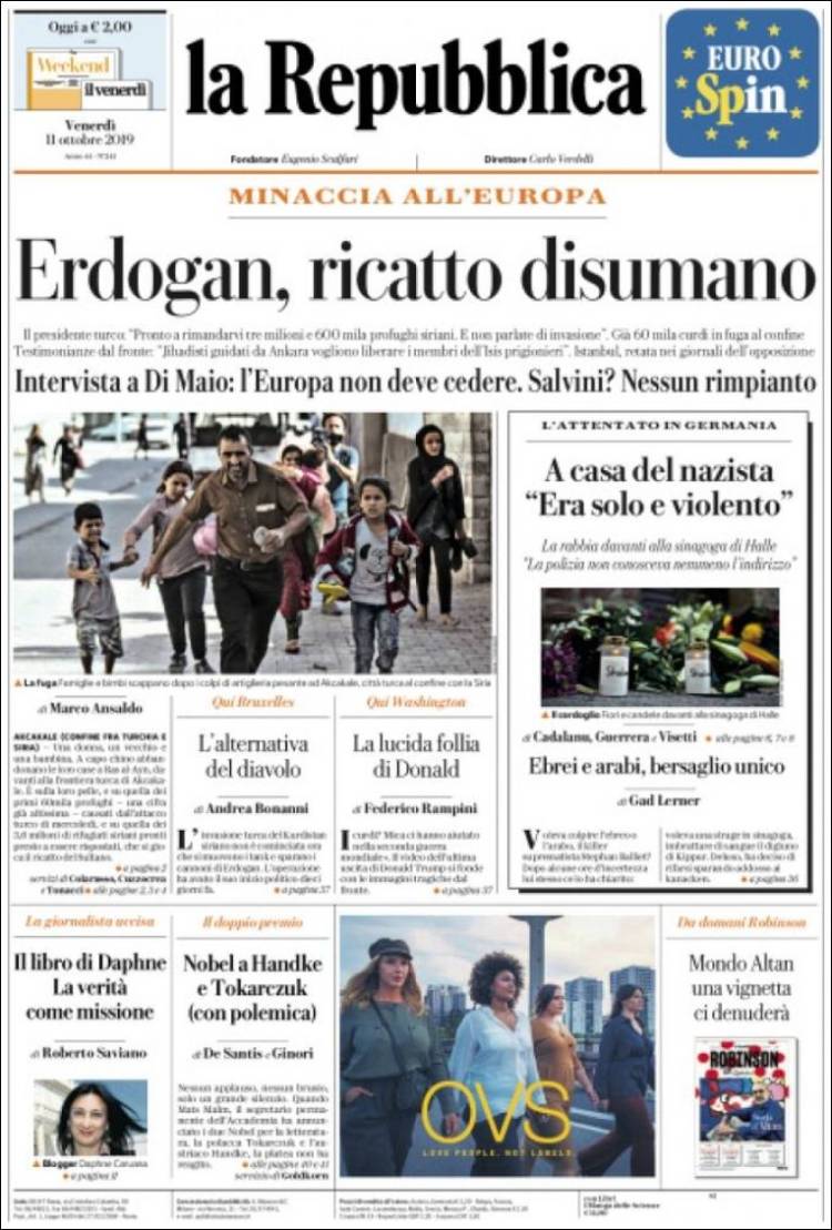 Portada de La Repubblica (Italia)