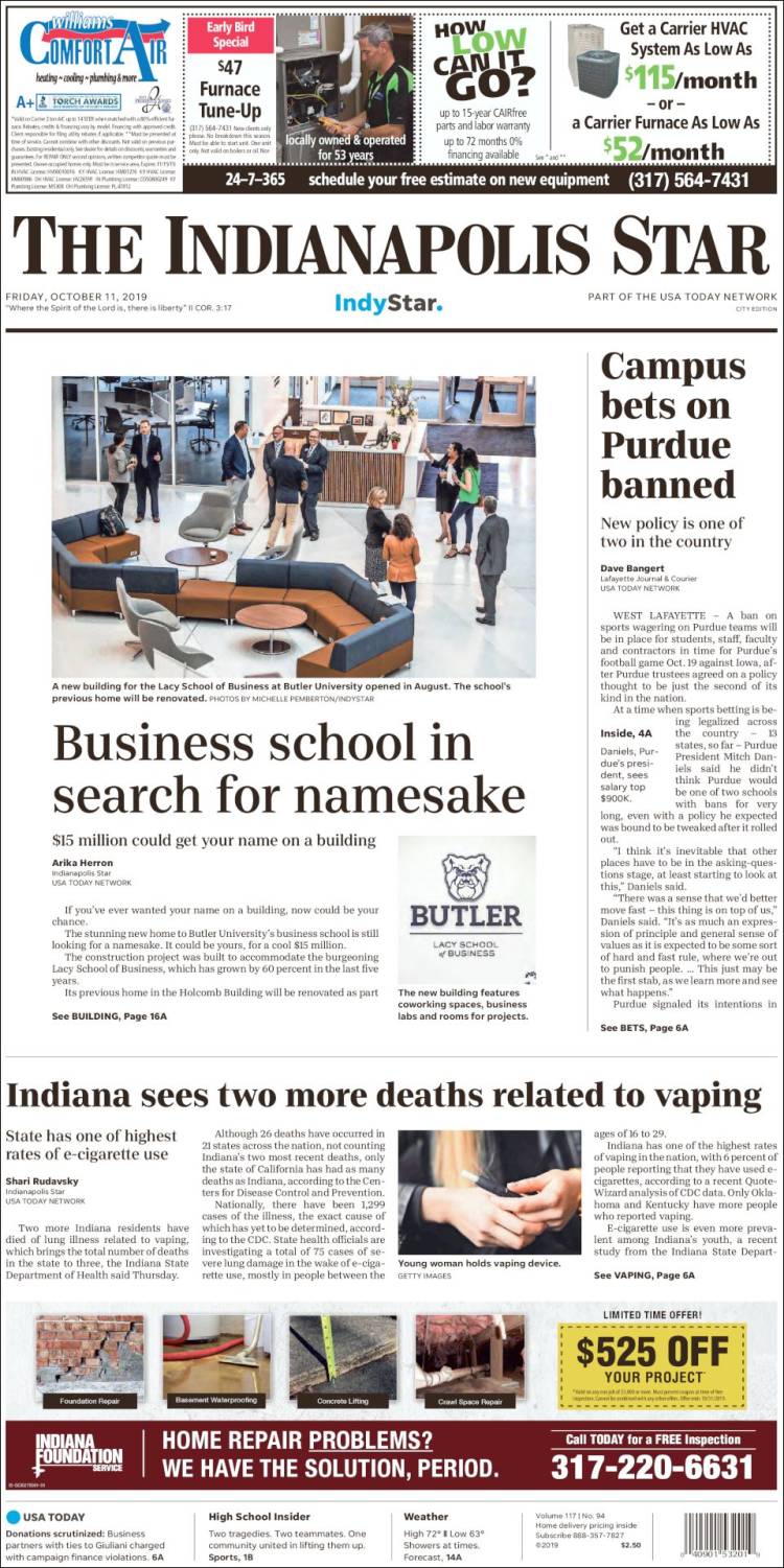 Portada de The Indianapolis Star (USA)