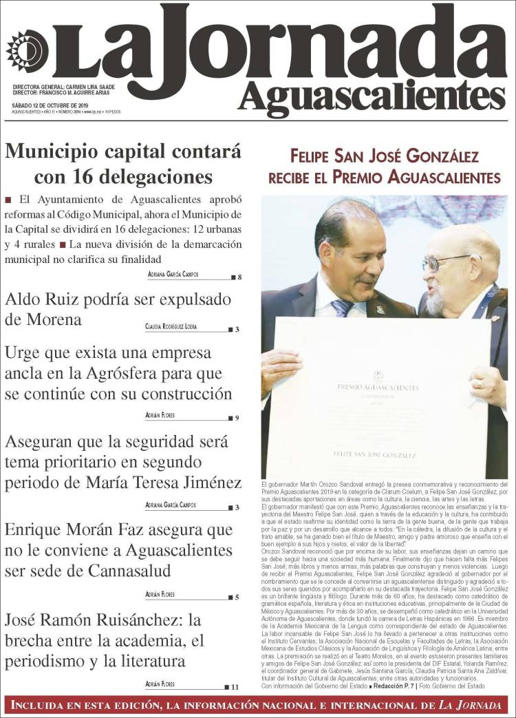 Portada de La Jornada de Aguascalientes (M&eacute;xico)