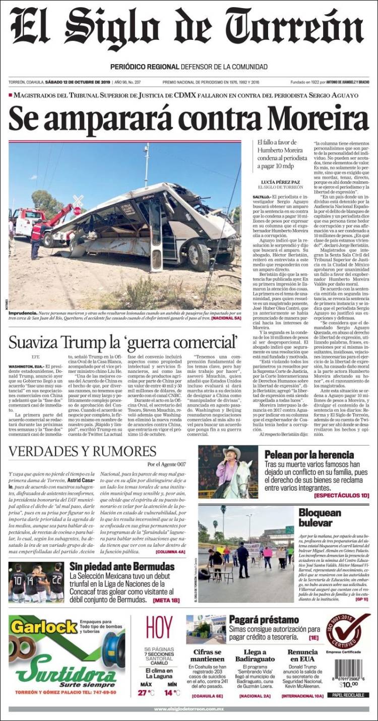 Portada de El Siglo de Torreon (M&eacute;xico)