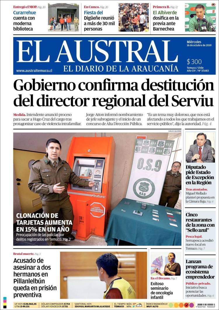 Portada de El Austral de Temuco (Chile)