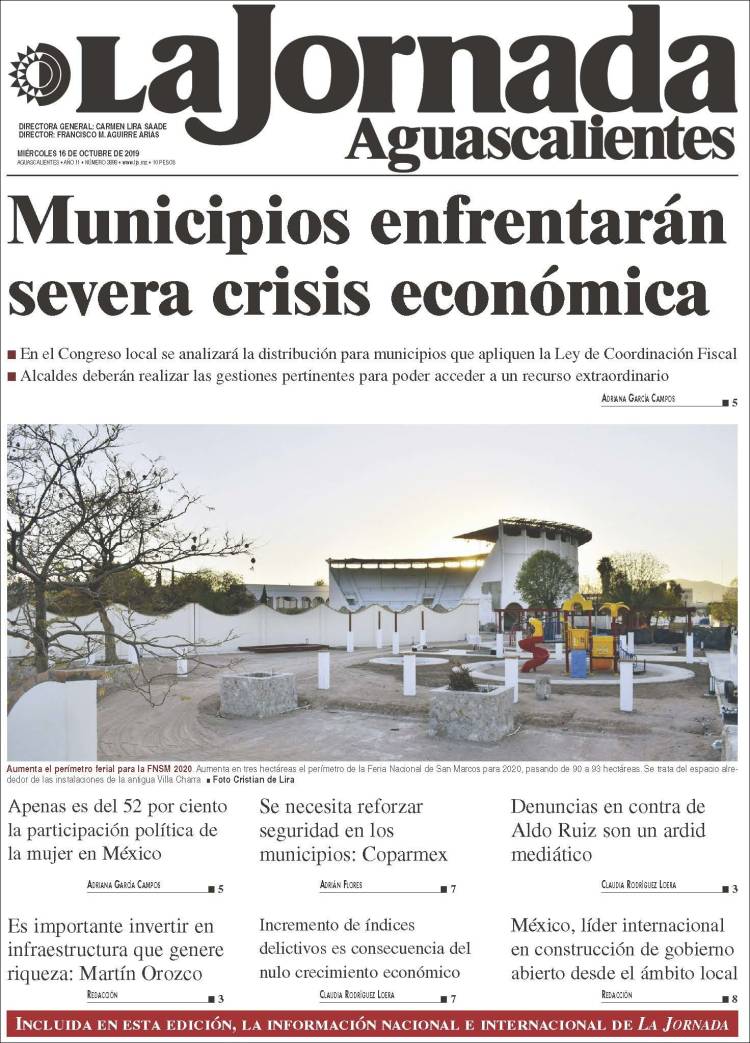 Portada de La Jornada de Aguascalientes (M&eacute;xico)