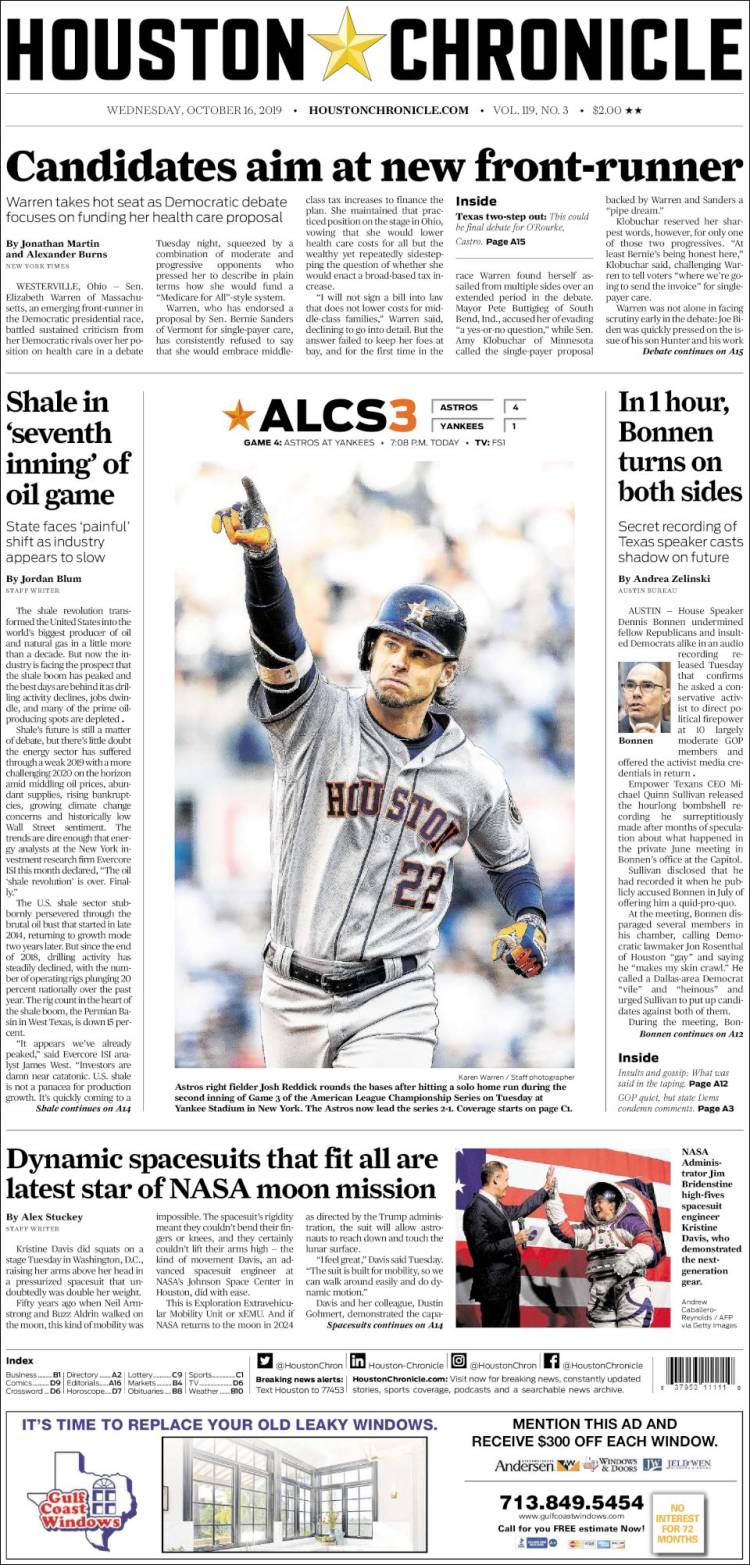 Portada de Houston Chronicle (USA)