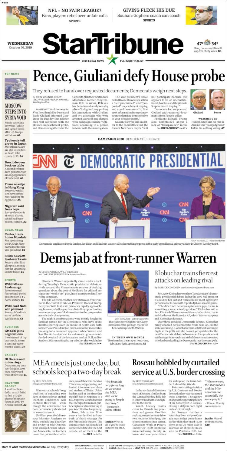 Portada de Star Tribune (USA)