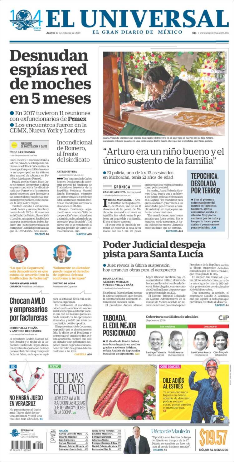 Periódico El Universal (México). Periódicos de México. Edición de jueves,  17 de octubre de 2019. 