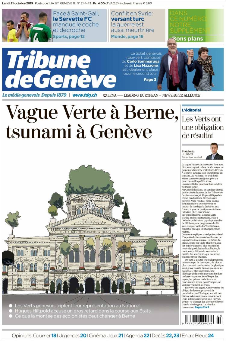Portada de La Tribune de Genève (Suiza)