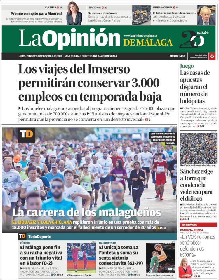 Portada de La Opinión de Málaga (España)