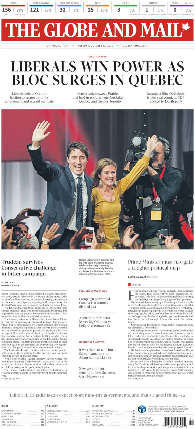 Portada de The Globe and Mail (Canadá)