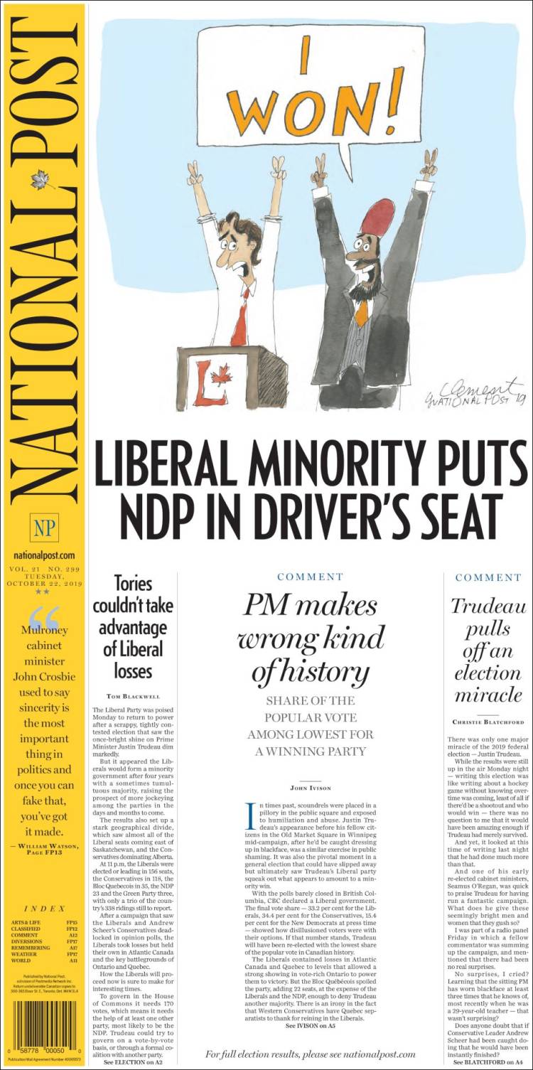 Portada de The National Post (Canadá)