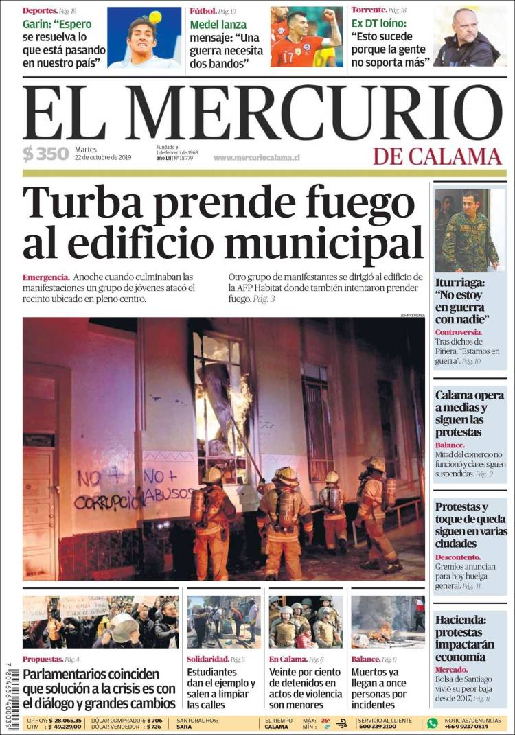 Portada de El Mercurio - Calama (Chile)