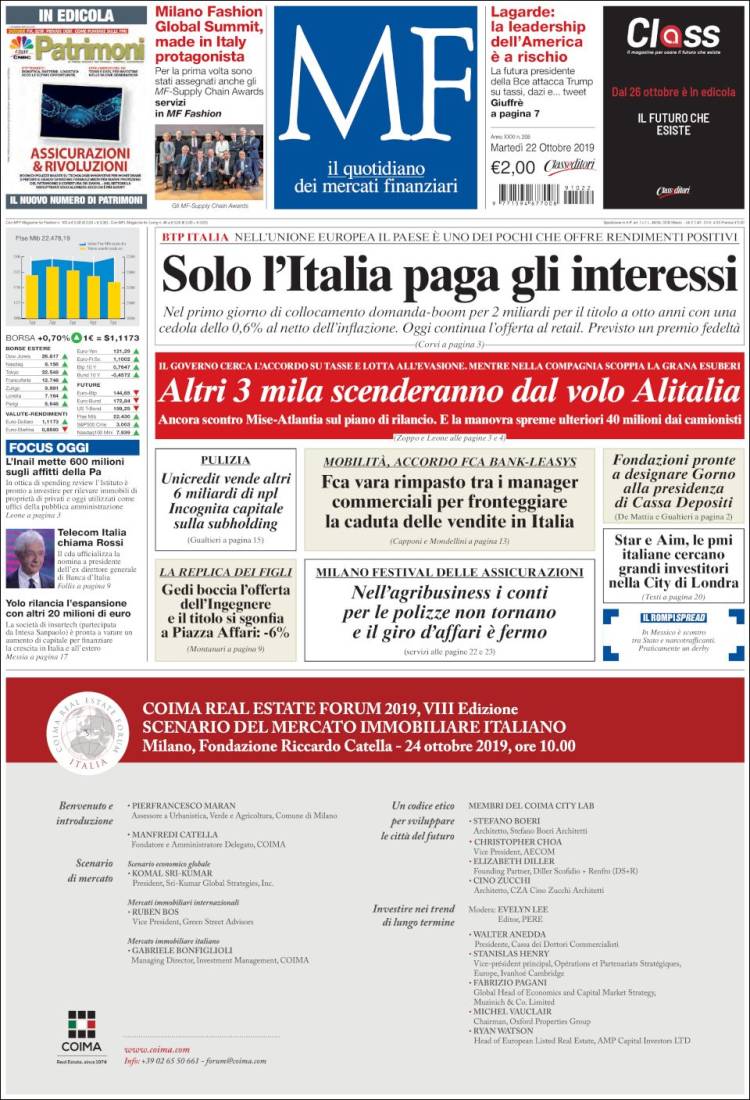 Portada de Milano Finanza (Italia)