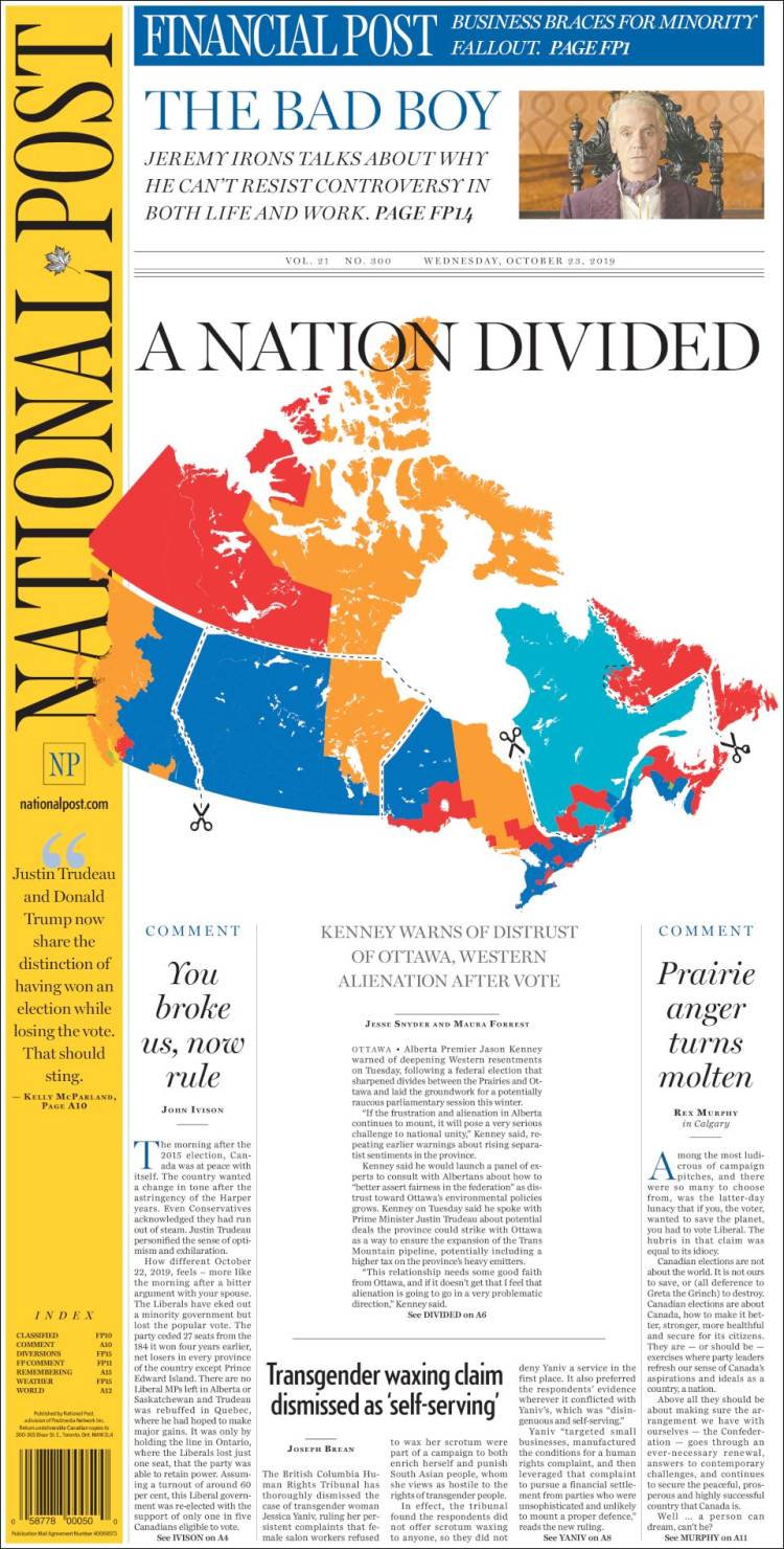 Portada de The National Post (Canada)