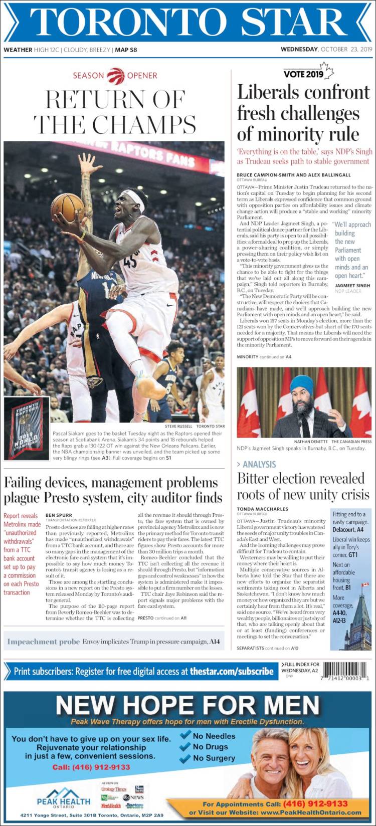 Portada de The Toronto Star (Canadá)