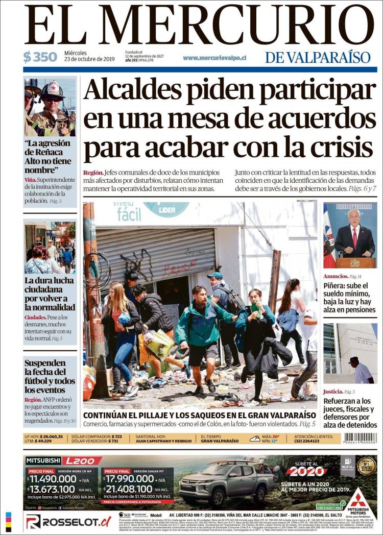 Portada de Mercurio de Valparaiso (Chile)