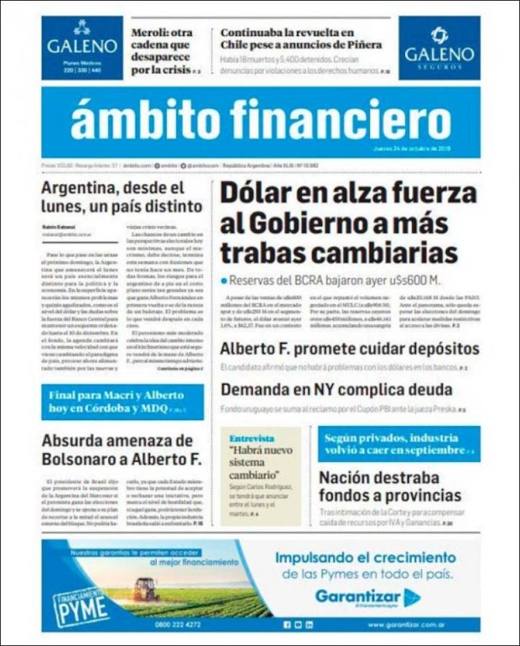 Portada de Diario Ambito Financiero (Argentina)