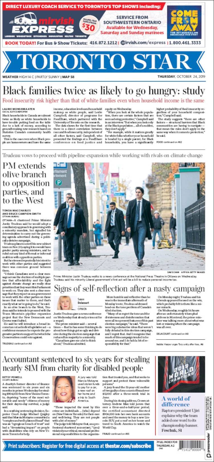 Portada de The Toronto Star (Canadá)