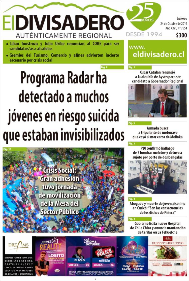 Portada de Diario El Divisadero (Chile)