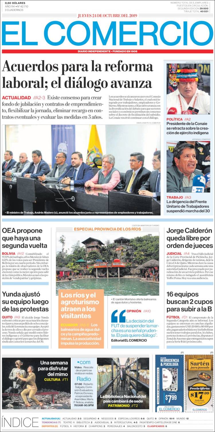 Portada de El Comercio (Ecuador)