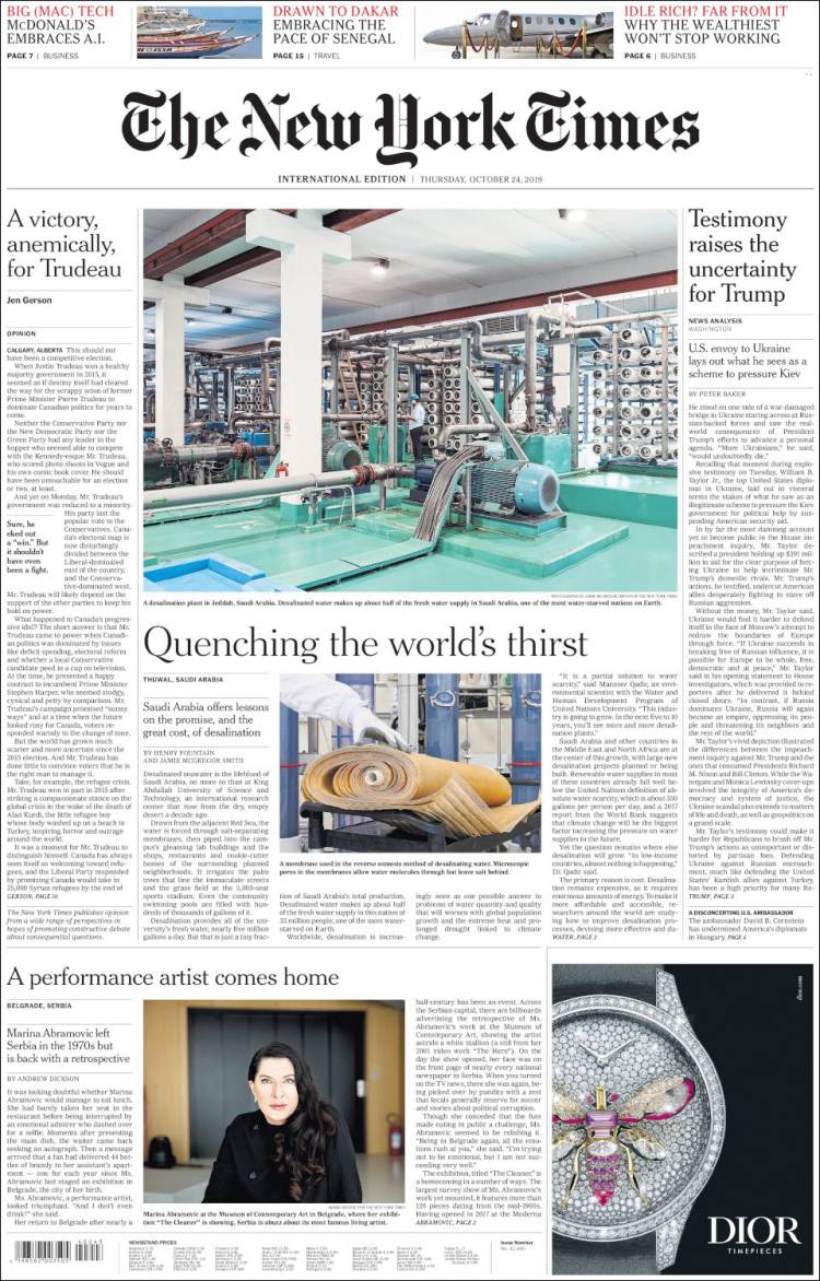 Portada de International New York Times (Europa)