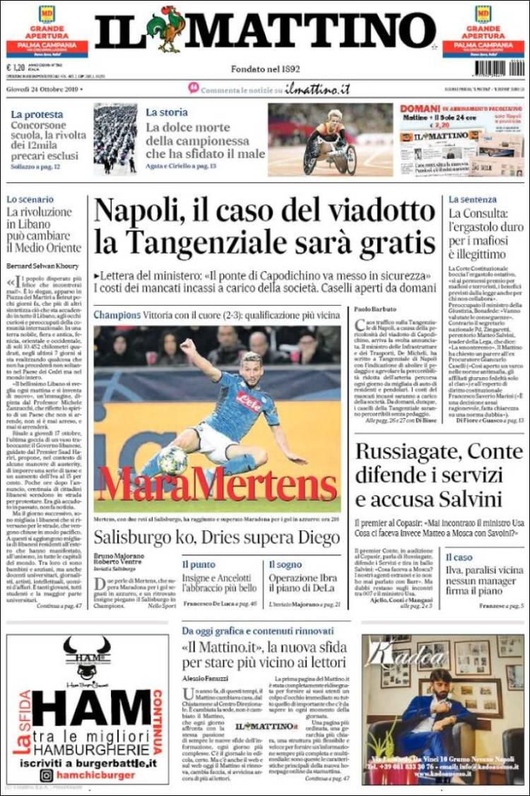 Portada de Il Mattino (Italia)