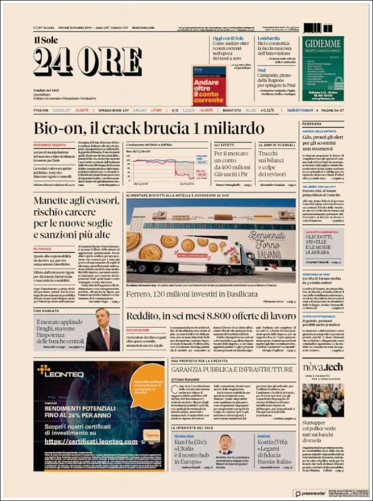Portada de Il Sole 24 ORE (Italia)