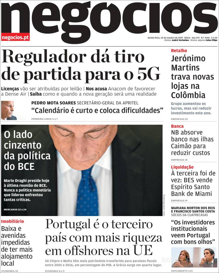 Portada de Jornal de Negócios (Portugal)