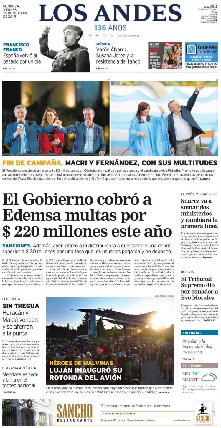 Portada de Los Andes - Mendoza (Argentina)