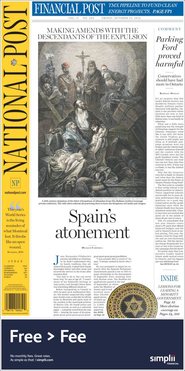 Portada de The National Post (Canadá)