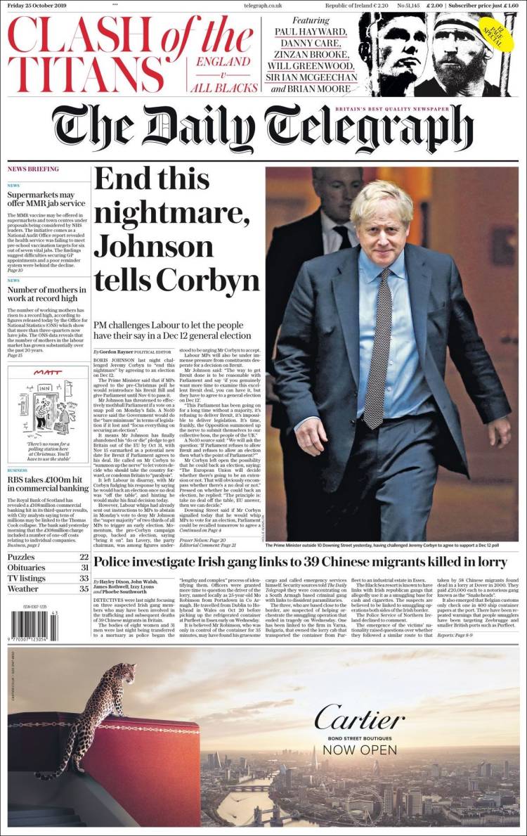 Portada de Daily Telegraph (Reino Unido)