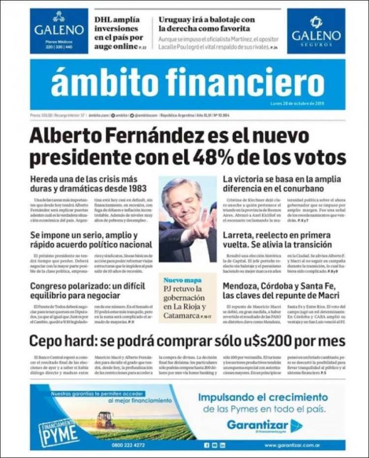 Portada de Diario Ambito Financiero (Argentina)