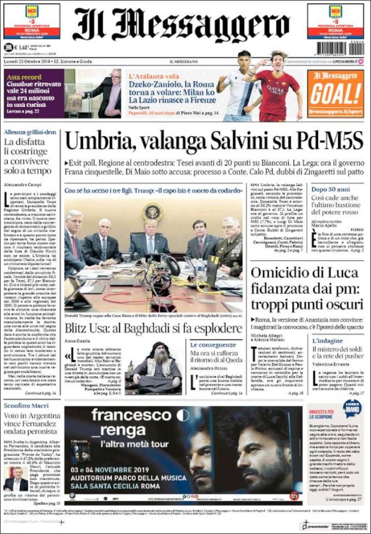 Portada de Il Messaggero (Italia)