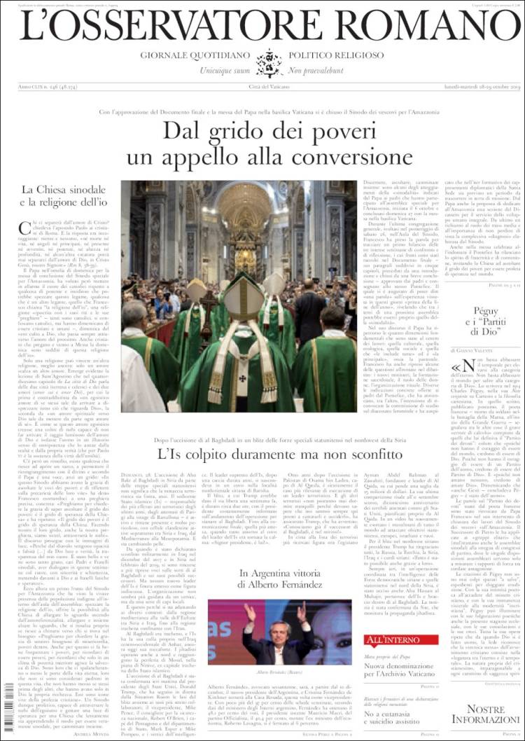 Portada de L'Osservatore Romano (Italia)