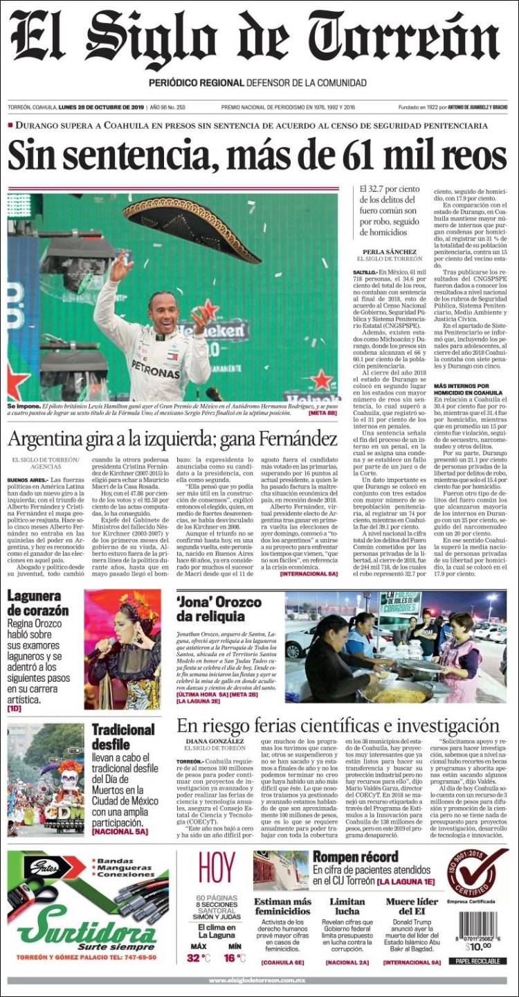 Portada de El Siglo de Torreon (M&eacute;xico)