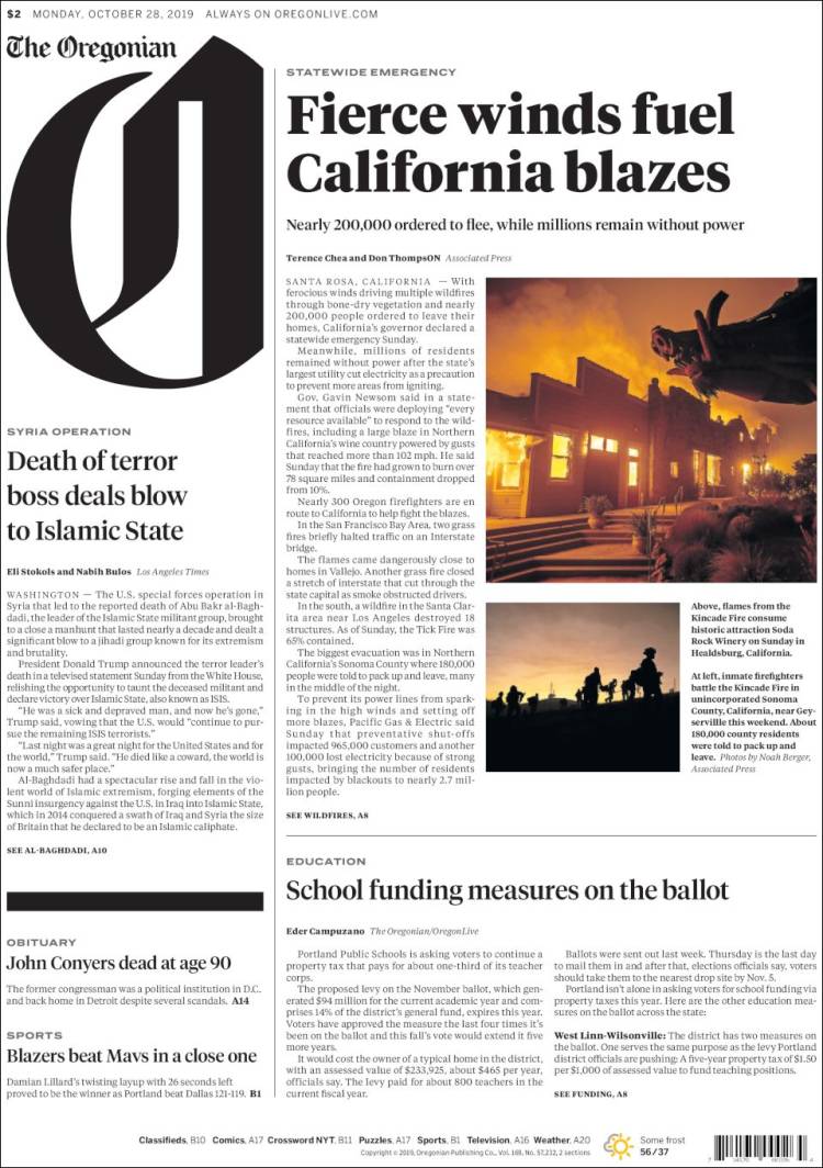 Portada de The Oregonian (USA)