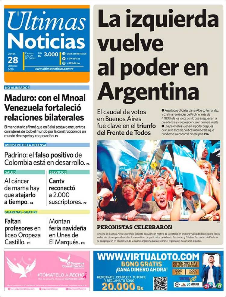 Portada de Últimas Noticias (Venezuela)