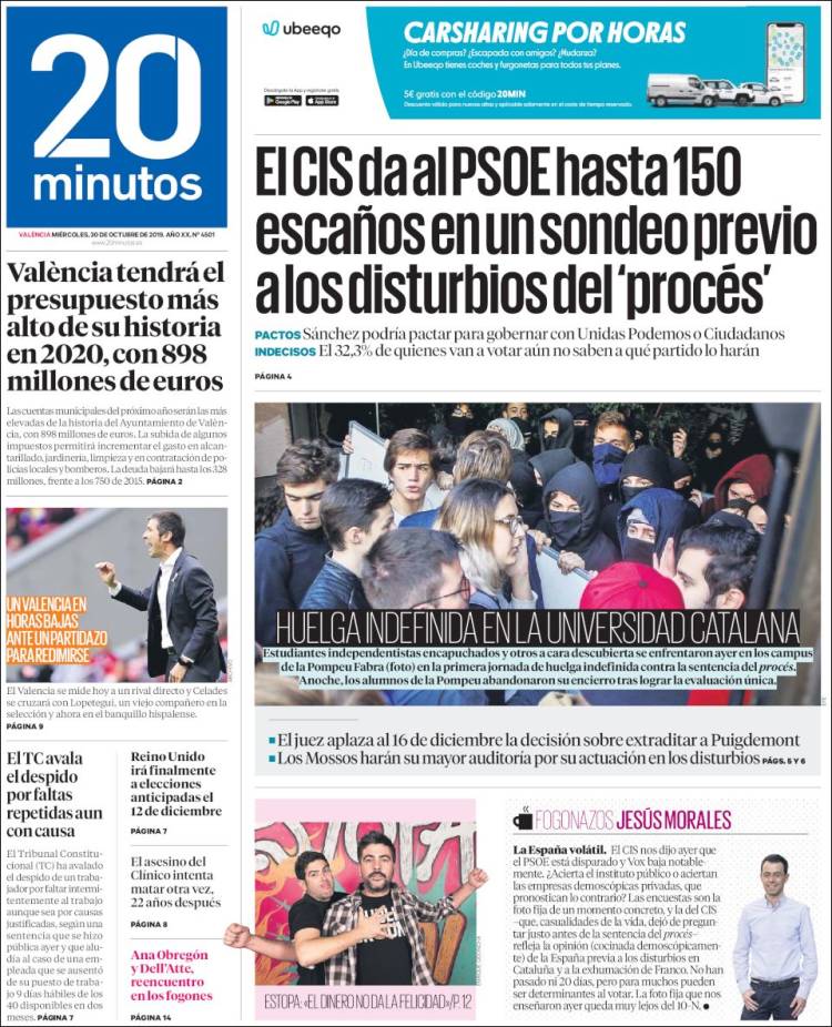 Portada de 20 Minutos - Valencia (Espa&ntilde;a)