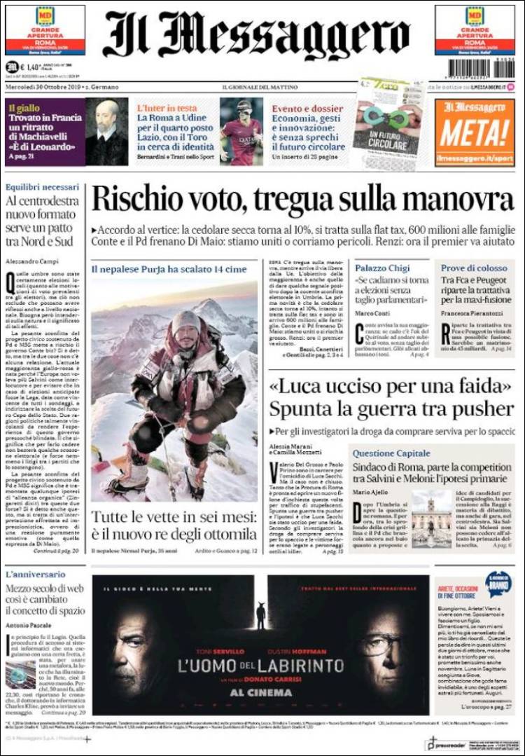 Portada de Il Messaggero (Italia)