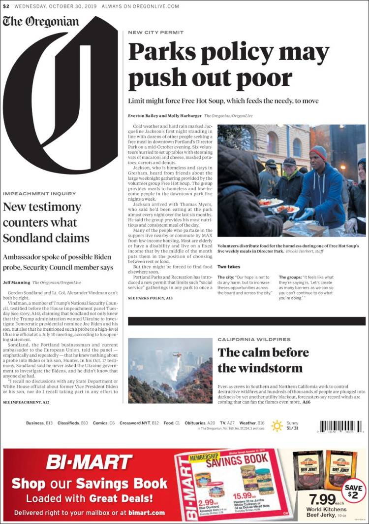 Portada de The Oregonian (USA)