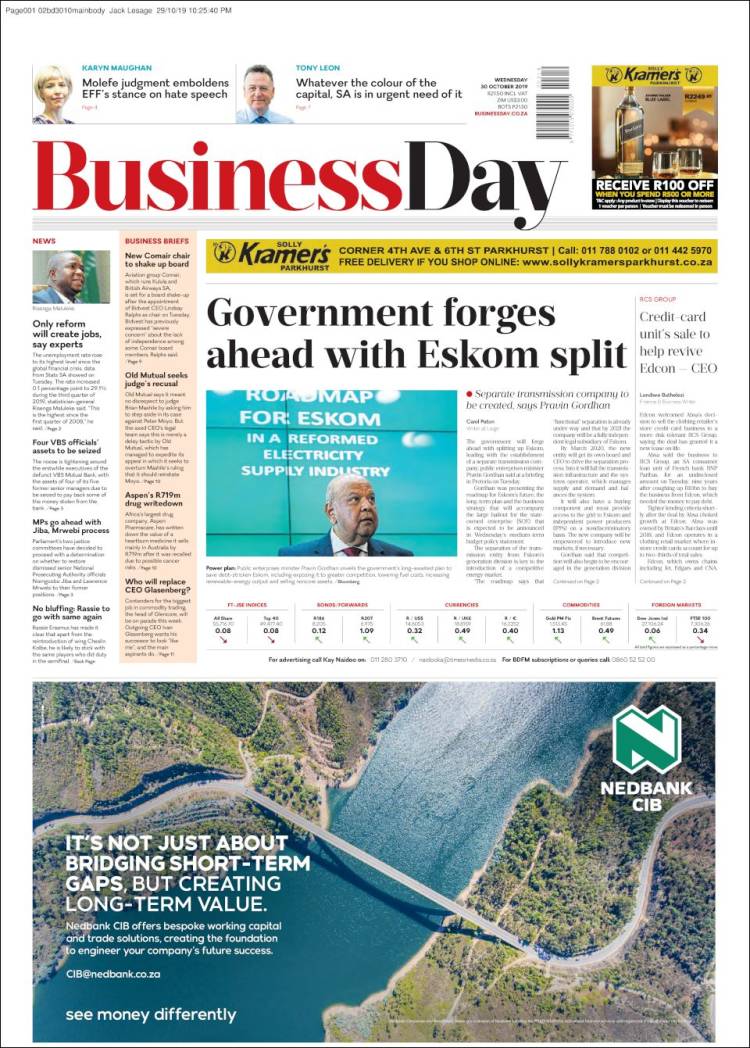 Portada de Business Day (Sud&aacute;frica)