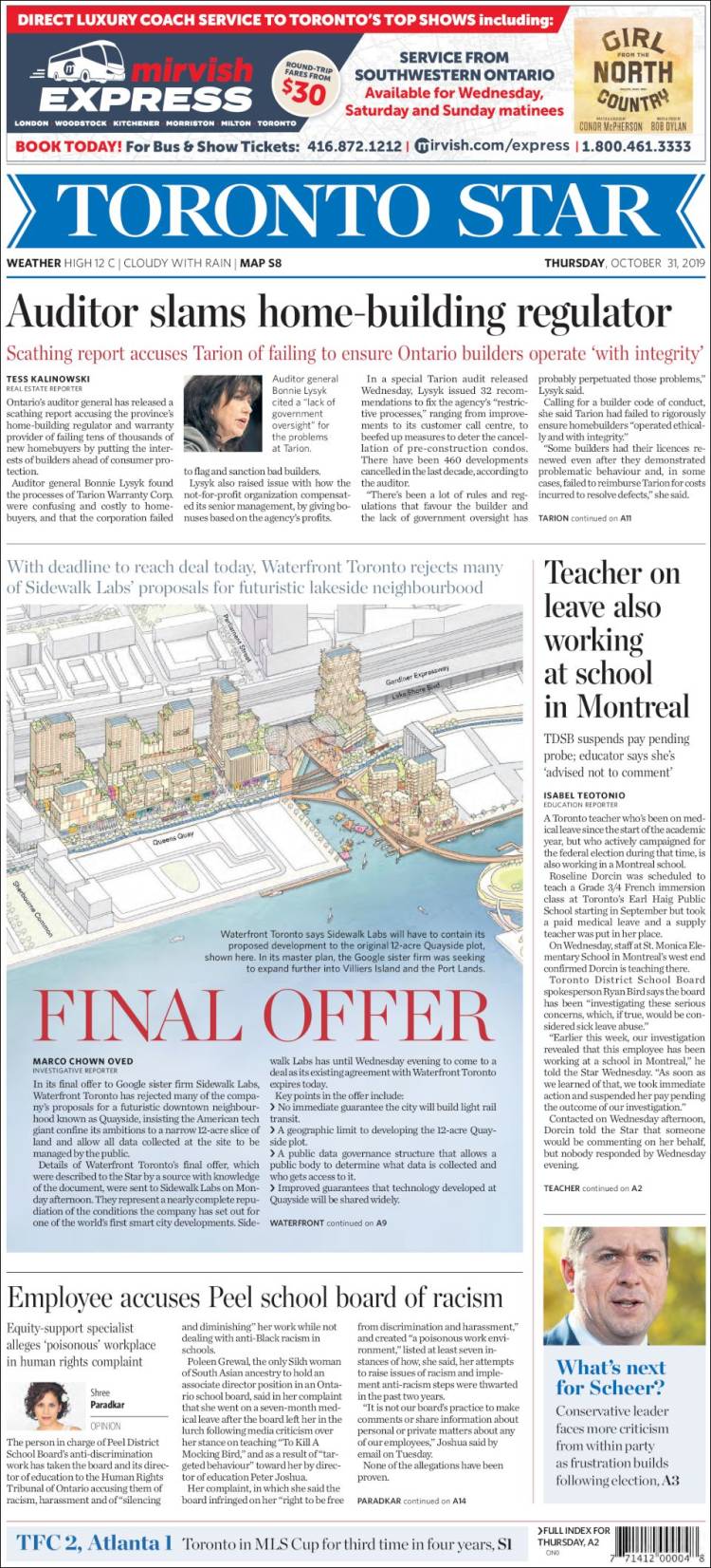 Portada de The Toronto Star (Canadá)