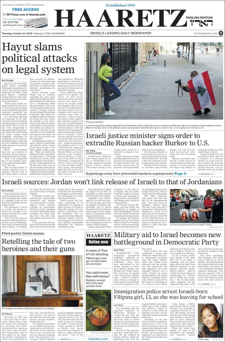 Portada de Haaretz (Israel)