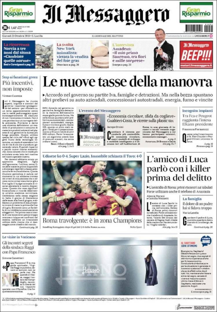 Portada de Il Messaggero (Italia)