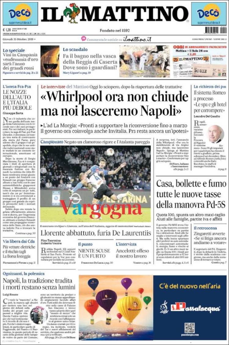 Portada de Il Mattino (Italia)