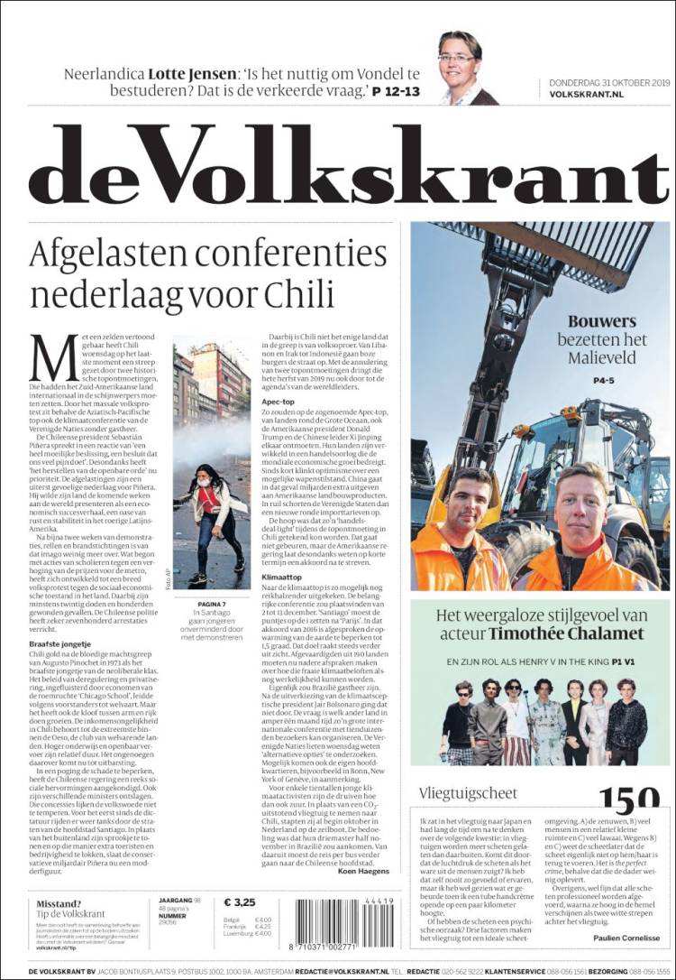 Portada de De Volkskrant (Pa&iacute;ses Bajos)