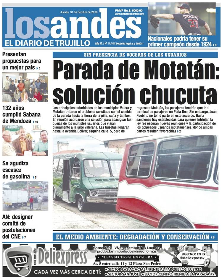 Portada de Diario de los Andes (Venezuela)