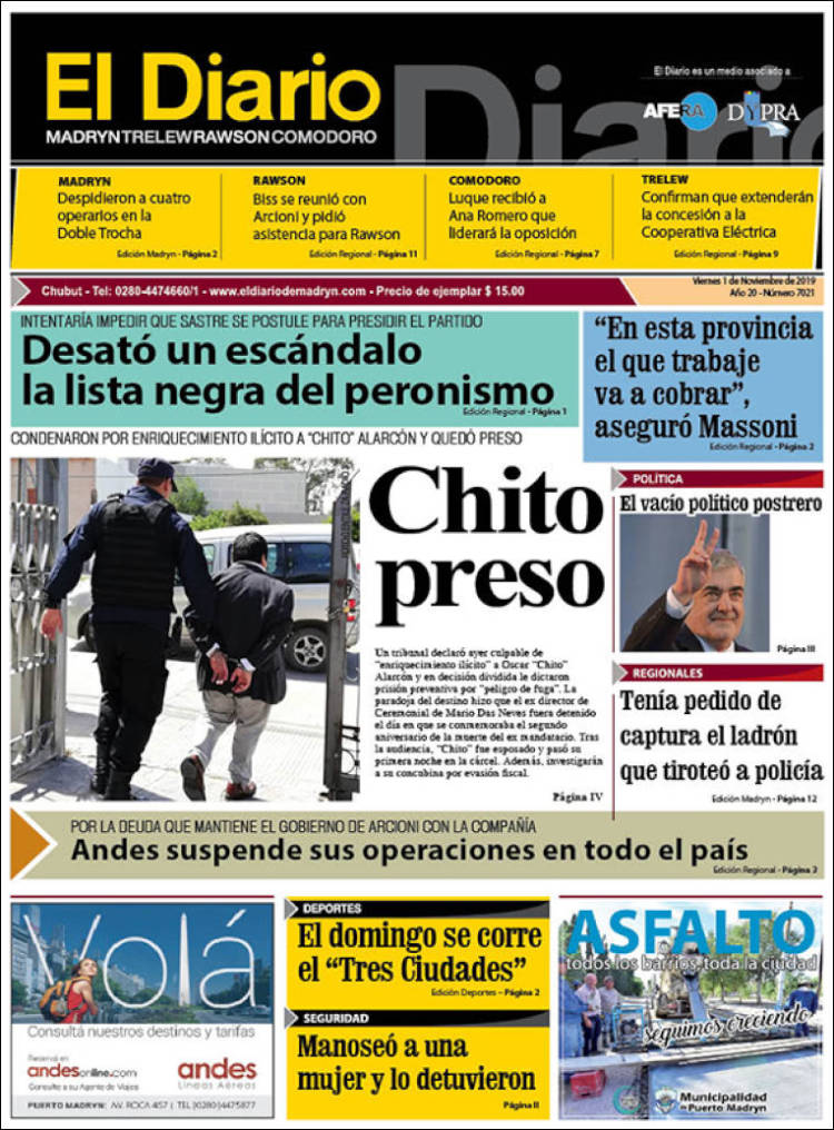 Portada de El Diario de Madryn (Argentina)