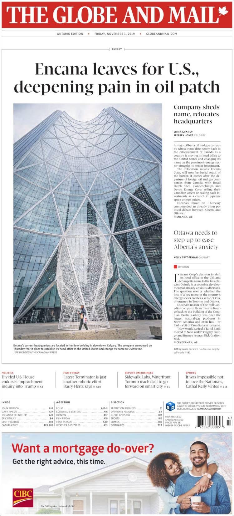 Portada de The Globe and Mail (Canada)